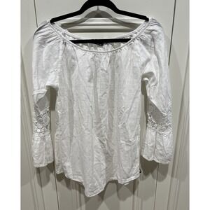 Blanc Du Nil White Cotton Peasant Top Size Medium Crochet Lace Bell Sleeve Boho